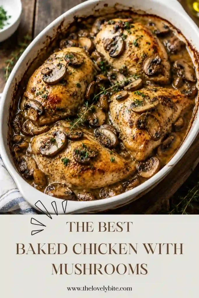 A close-up of chicken breast with mushrooms, melted mozzarella, garlic, and Italian seasoning. The baked chicken is surrounded by a rich mushroom and onion mixture with fresh parsley.