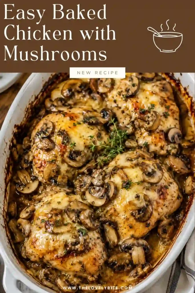 Baked mushroom chicken served from a 9×13-inch baking dish with golden mozzarella, sliced mushrooms, onions, and fresh parsley. The chicken is tender and surrounded by flavorful pan juices.