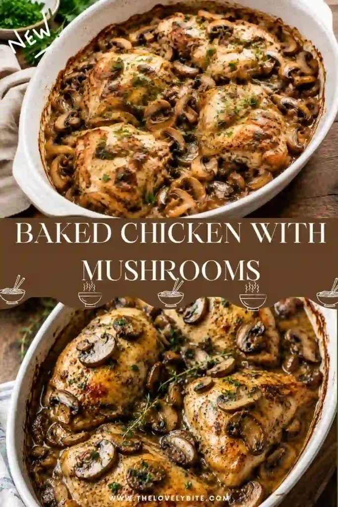 Cheesy mushroom chicken with tender baked chicken breasts, sautéed button mushrooms, caramelized onions, and fresh parsley. The dish has a golden melted cheese topping and a savory homemade appearance.