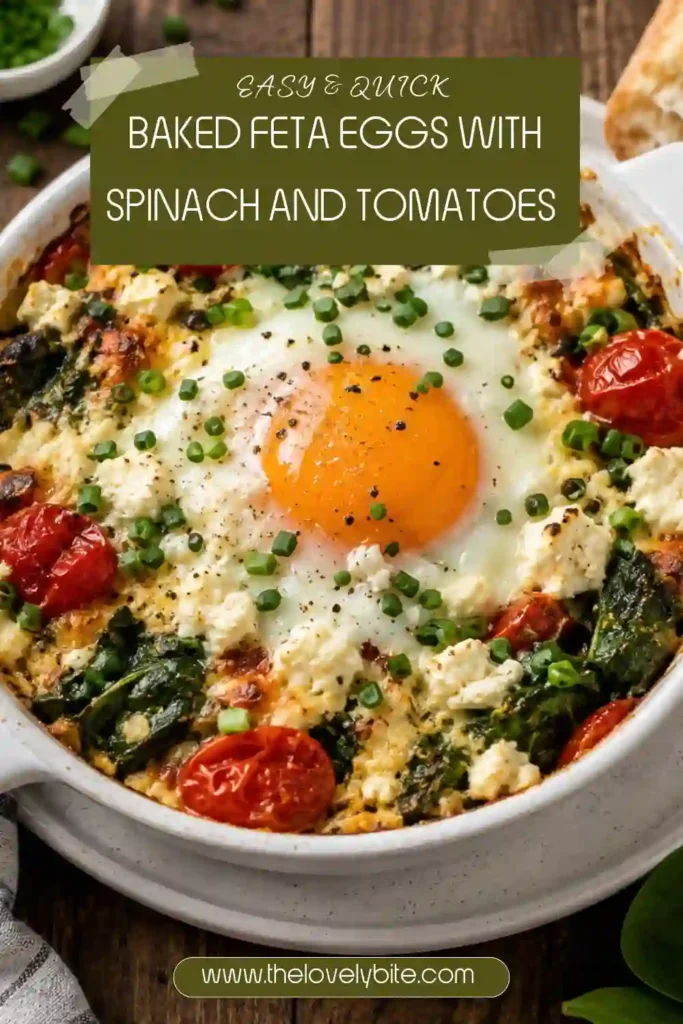 3. Baked eggs with feta, spinach, burst cherry tomatoes, and colorful red peppers. The creamy roasted vegetable mixture surrounds tender eggs with golden yolks.