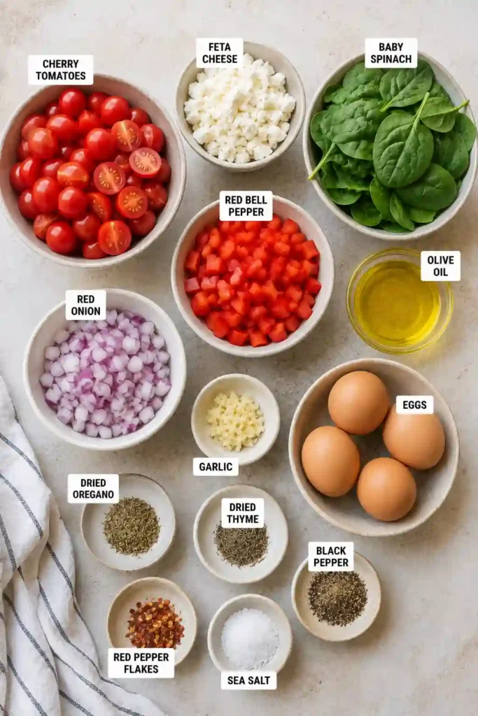4. Spinach feta baked eggs served with roasted tomatoes, red onion, garlic, and bell pepper. Fresh herbs brighten this colorful Mediterranean breakfast.