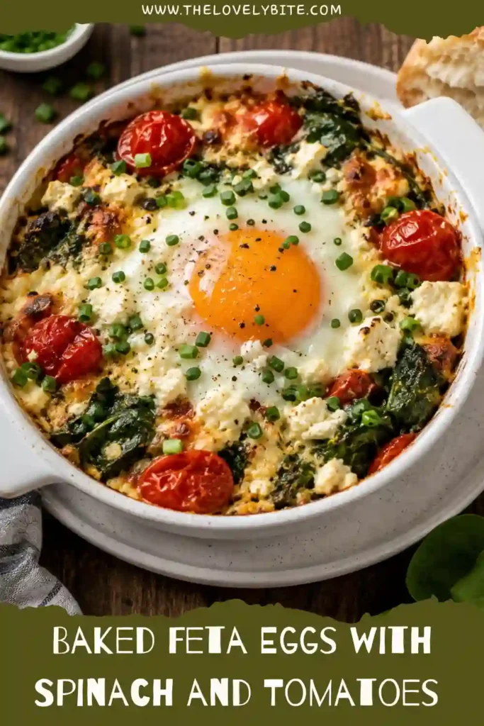 1. Baked Feta Eggs with creamy feta, cherry tomatoes, spinach, red bell pepper, and herbs. The Mediterranean-inspired baked eggs are served warm in an oven-safe dish.