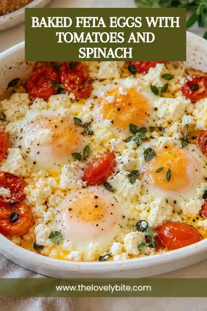 Baked feta eggs served in a rustic baking dish with roasted tomatoes, spinach, garlic and red bell pepper. Fresh basil adds bright green color to the creamy breakfast dish.