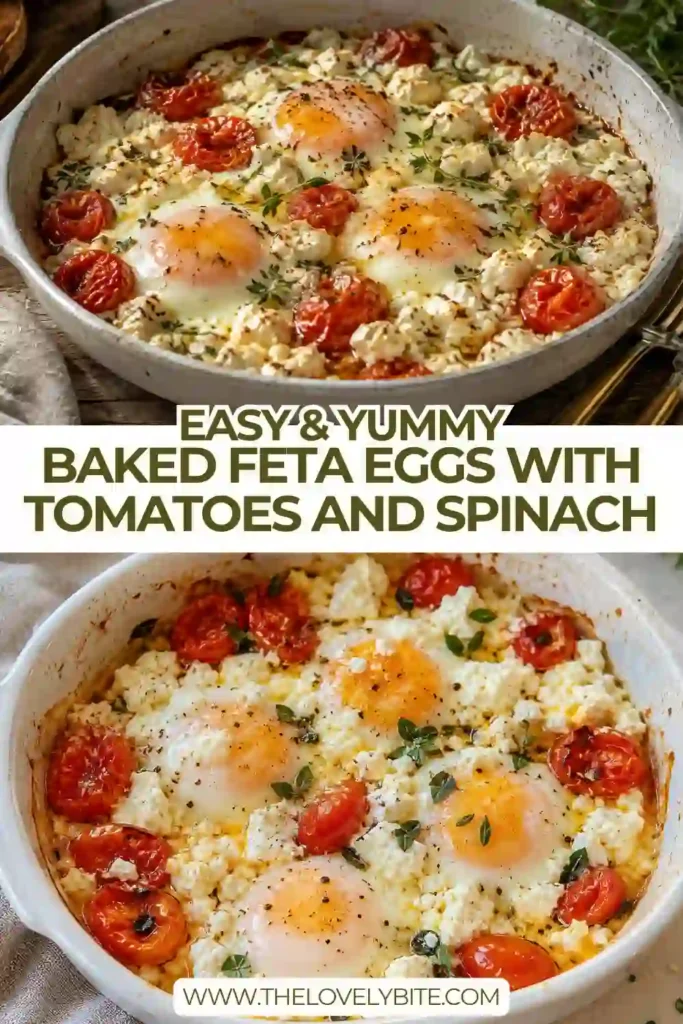 Mediterranean baked eggs with creamy feta cheese, juicy cherry tomatoes, spinach, red peppers and herbs. The egg whites are set while the golden yolks remain soft.