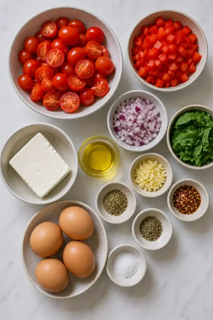 Baked eggs surrounded by creamy feta, blistered cherry tomatoes, spinach and colorful peppers. The Mediterranean breakfast is finished with herbs and cracked black pepper.