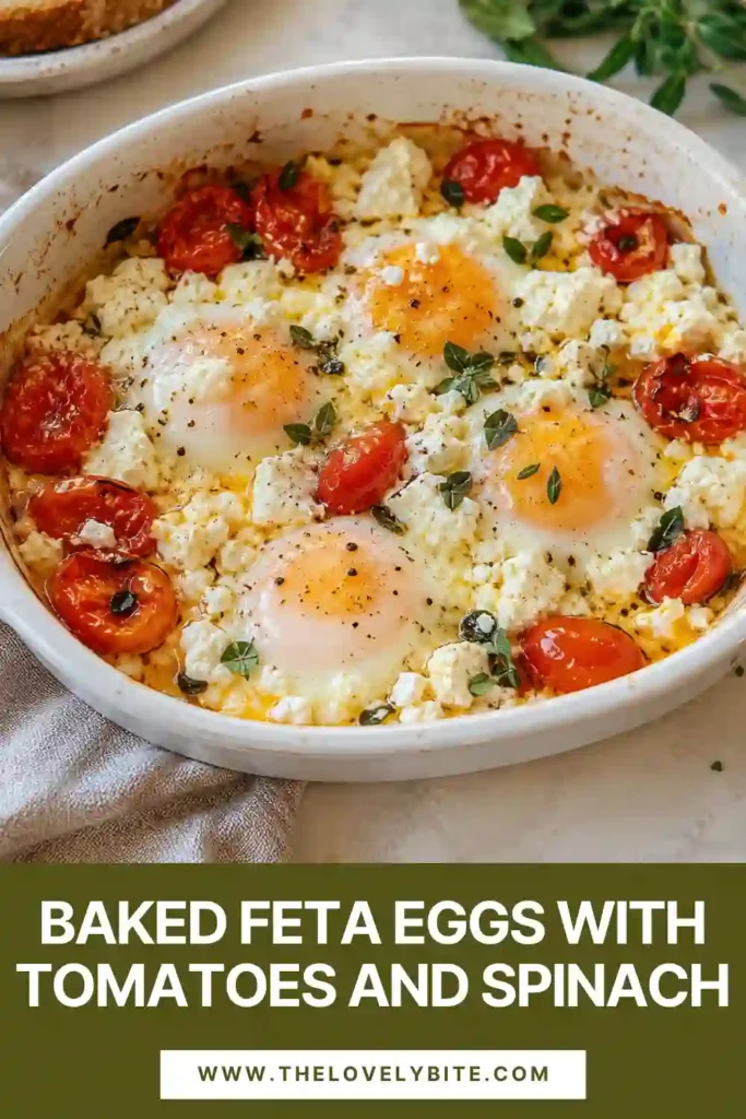 Baked Feta Eggs Recipe with eggs nestled in creamy feta, roasted cherry tomatoes, red bell pepper and spinach. Fresh herbs garnish the colorful Mediterranean-inspired breakfast.
