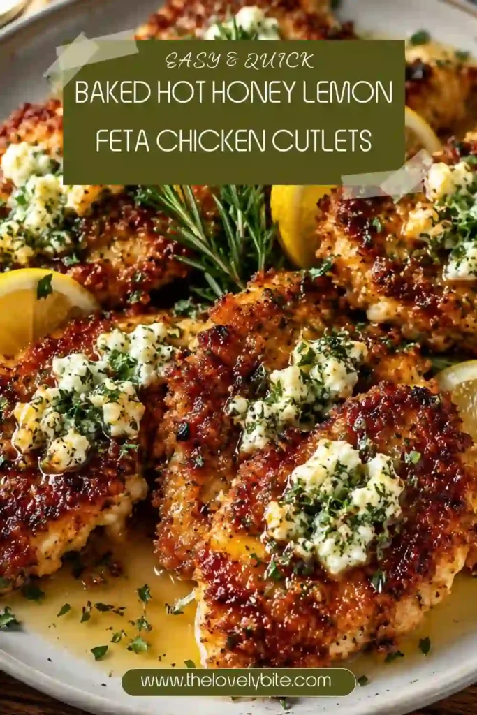 Hot honey chicken cutlets with a crunchy herb and Parmesan coating, crumbled feta and fresh parsley. Lemon wedges surround the golden baked chicken for a bright citrus finish