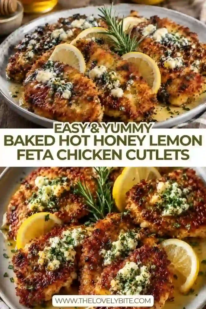 Baked Hot Honey Lemon Feta Chicken Cutlets with a crispy Parmesan herb crust and crumbled feta. A glossy hot honey lemon glaze and fresh parsley finish the golden chicken.