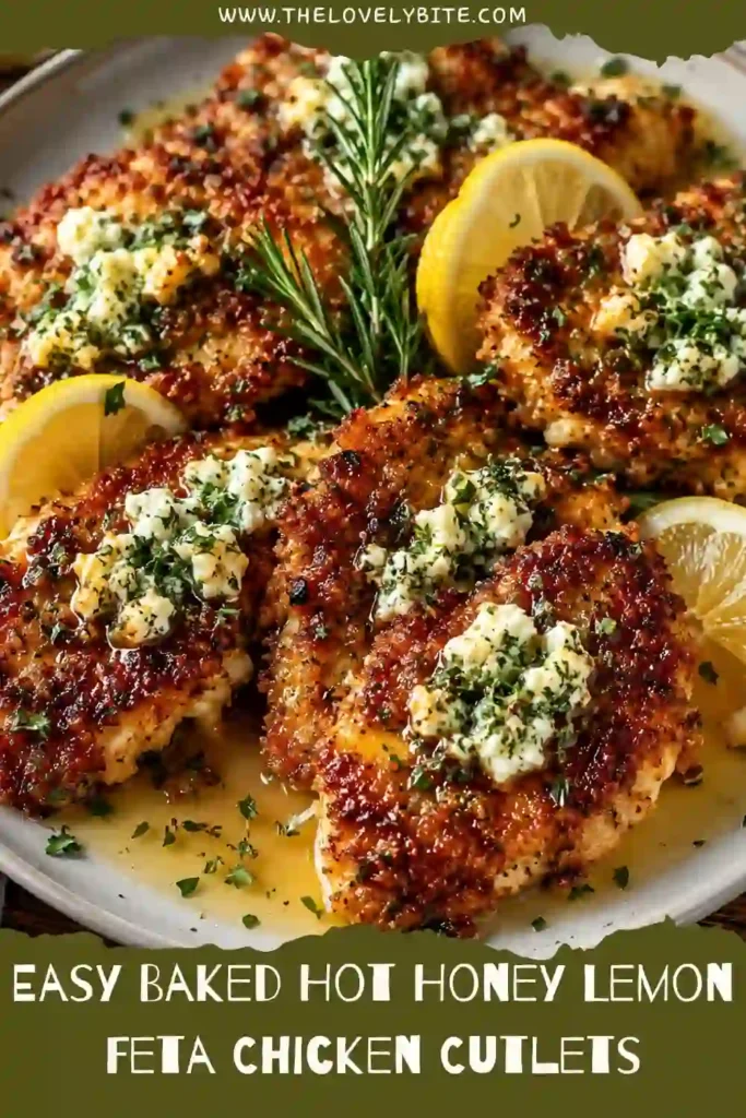 Crispy baked chicken cutlets topped with creamy feta and warm hot honey lemon glaze. The golden panko crust is seasoned with Parmesan, oregano and thyme.
