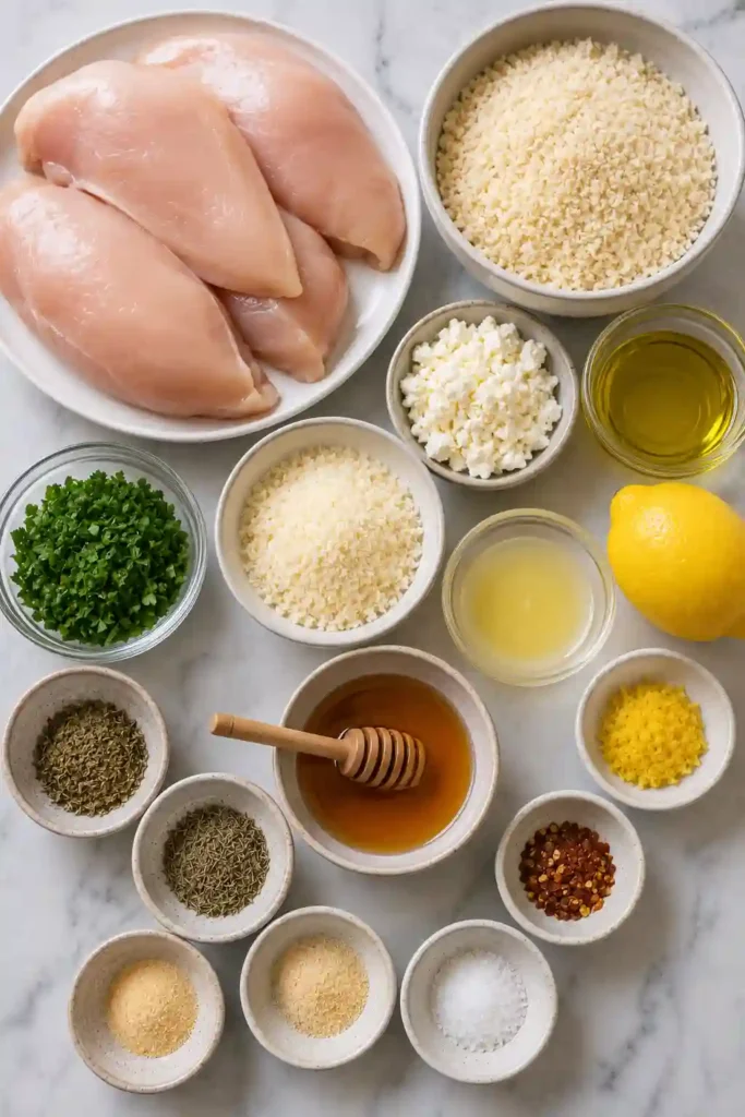 Herb crusted chicken cutlets baked until golden and topped with feta cheese. Sweet and spicy hot honey lemon glaze coats the crispy chicken with a glossy finish.
