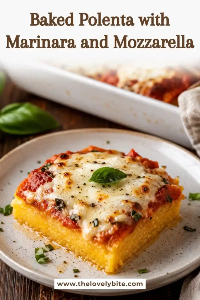 Baked polenta with bubbling tomato marinara and rounds of melted fresh mozzarella. Bright basil leaves add fresh color to this Italian-inspired casserole.