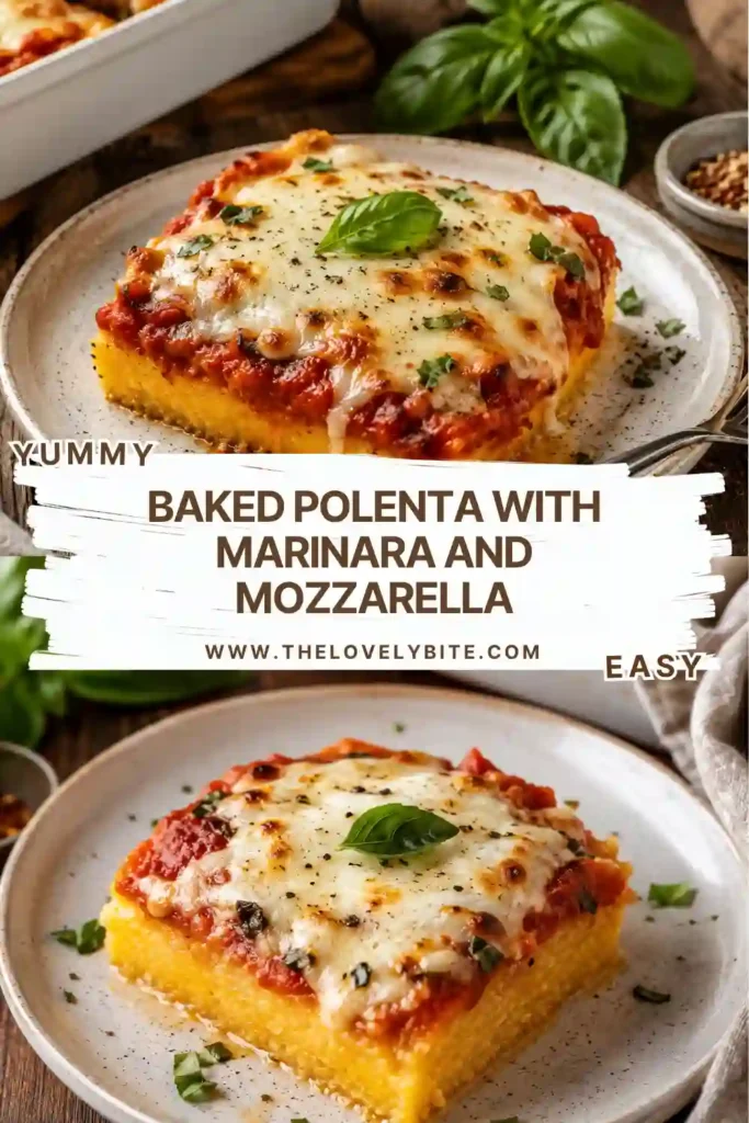 Cheesy baked polenta casserole layered with marinara sauce, fresh basil and melted mozzarella. Smoked Gouda and pesto add savory flavor to the golden polenta.