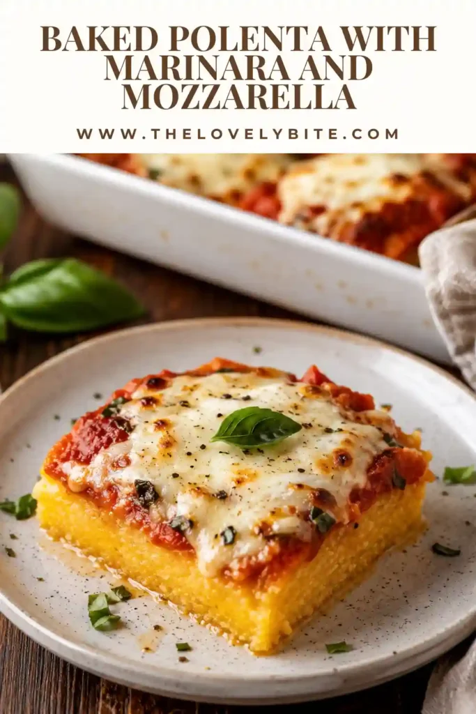 Baked Polenta with Marinara and Mozzarella topped with rich tomato sauce, melted fresh mozzarella and basil. The golden polenta base is creamy inside with firm baked edges.