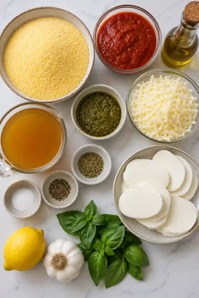 Golden baked polenta topped with rich marinara, fresh mozzarella and basil. The cheesy polenta casserole is baked until the tomato sauce bubbles and mozzarella melts.
