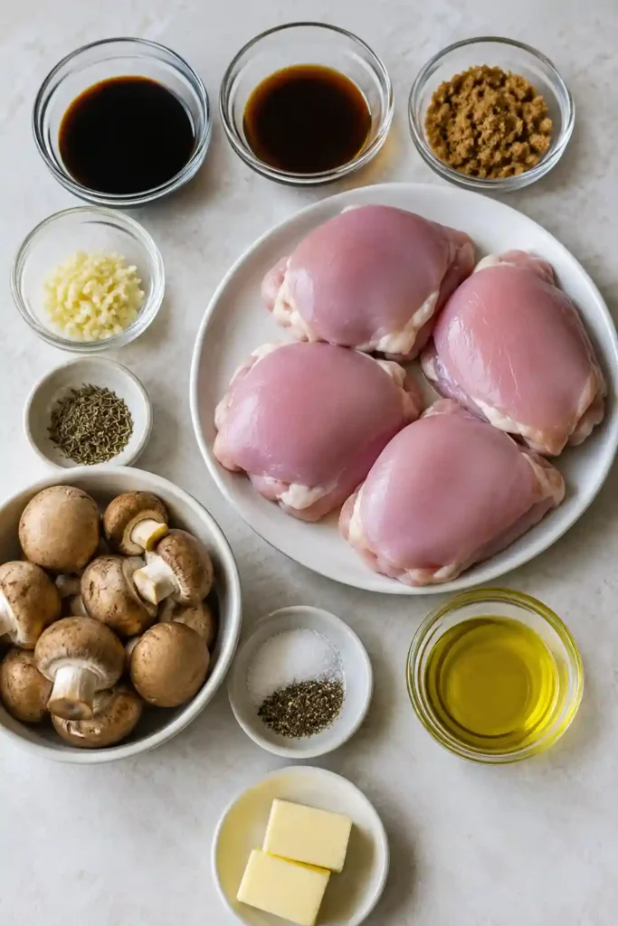 Balsamic chicken and mushrooms served in a skillet with golden chicken thighs and tender browned mushrooms coated in balsamic sauce. The dish has a glossy, savory pan sauce and fresh, comforting presentation.