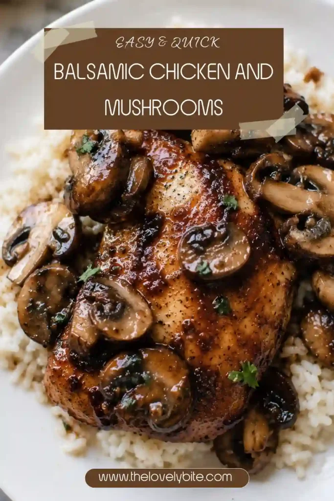 Easy balsamic chicken served with sautéed mushrooms in a rich skillet sauce. Golden-brown chicken thighs are coated with a glossy balsamic glaze and surrounded by tender mushrooms.