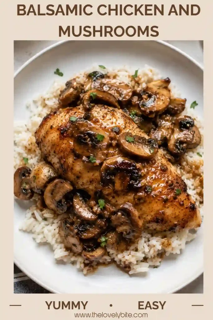 Balsamic chicken thighs and mushrooms cooked together in a skillet with garlic and a sweet-tangy balsamic sauce. The chicken is browned and generously coated with the flavorful pan sauce.