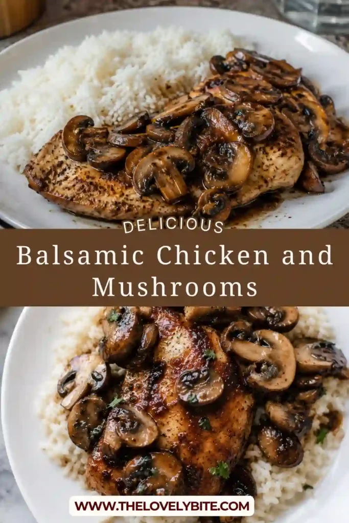 Chicken and mushrooms topped with a glossy balsamic mushroom sauce in a skillet. The tender chicken thighs and browned mushrooms create an easy, hearty weeknight dinner.