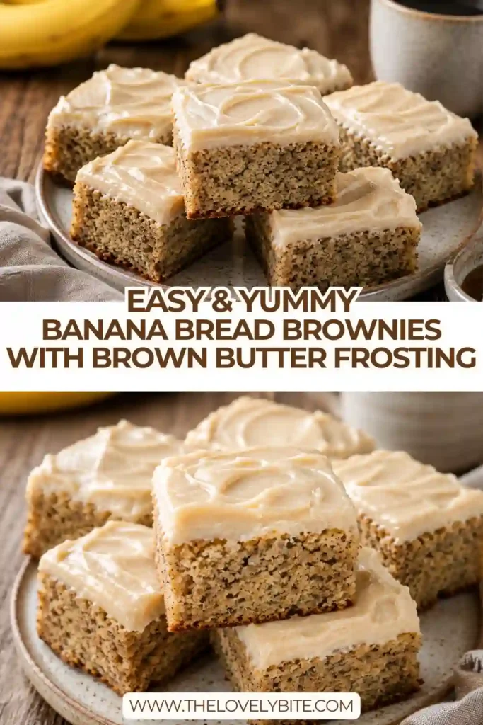 3. Homemade banana bread bars with a thick layer of creamy brown butter frosting. The tender banana brownies are sliced into squares for an easy dessert.