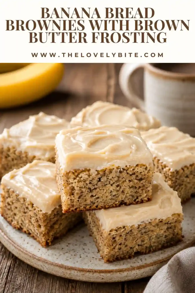 1. Banana Bread Brownies topped with creamy brown butter frosting and cut into thick squares. The moist banana bars have a soft, tender crumb and rich golden frosting.