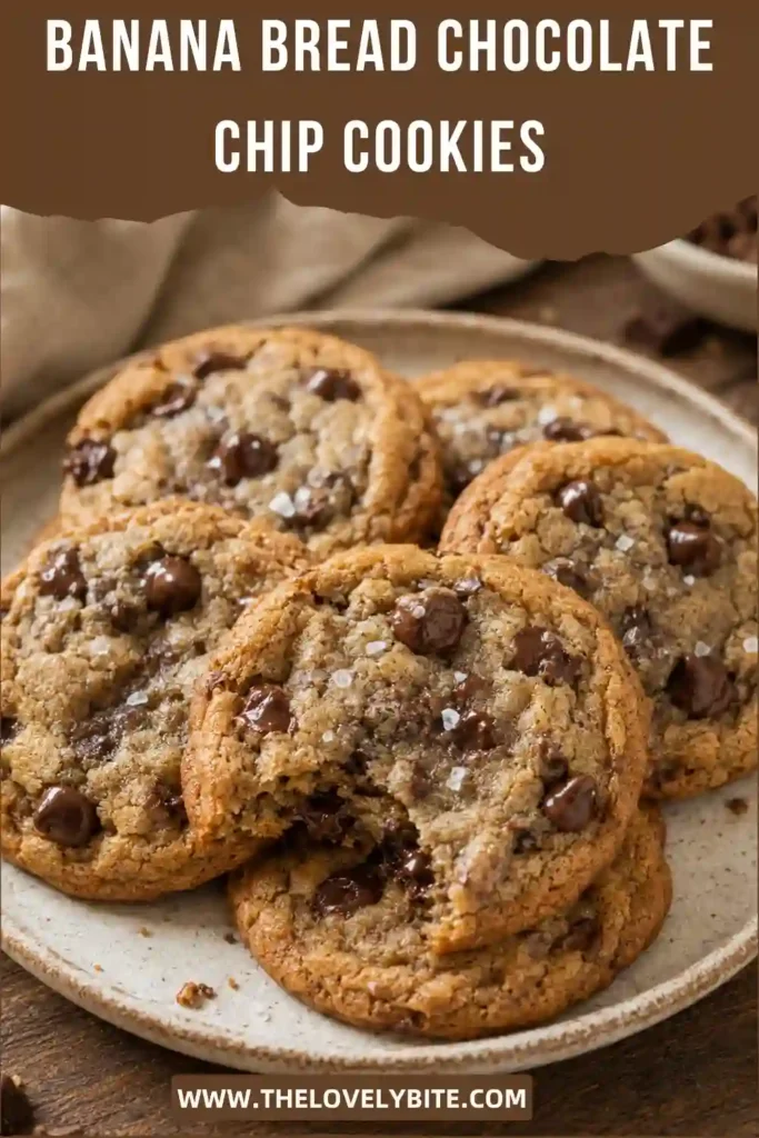 Soft banana chocolate chip cookies with lightly golden edges and gooey chocolate chips. Mashed ripe banana and cinnamon give the cookies warm banana bread flavor.