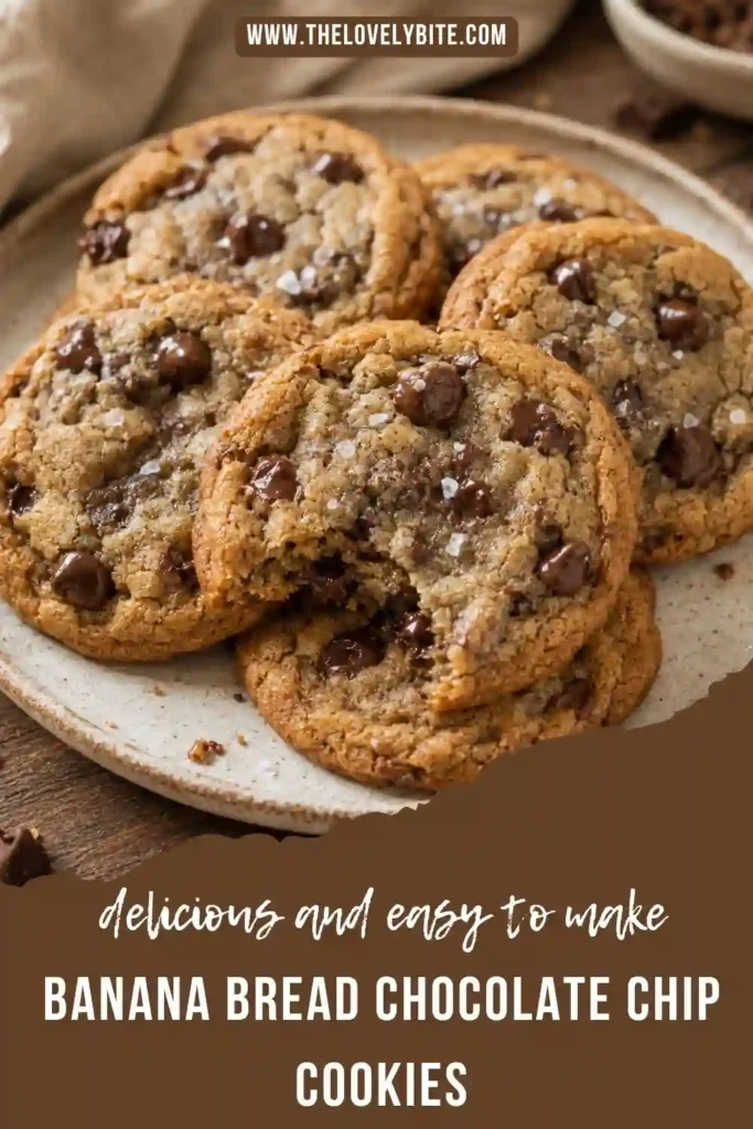 Freshly baked Banana Bread Chocolate Chip Cookies stacked on a plate with visible chocolate chips and soft centers. The cookies combine classic banana bread flavors with a chewy chocolate chip cookie.