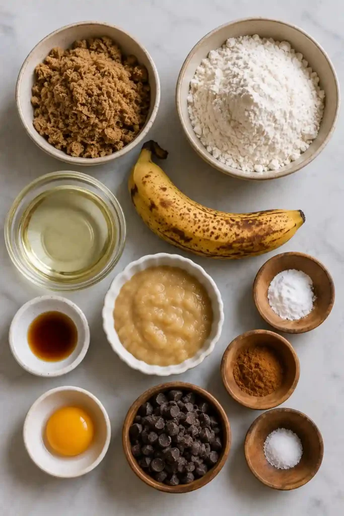 Easy banana bread cookies filled with melty chocolate chips and flavored with brown sugar and cinnamon. The golden cookies have tender centers and lightly baked edges.