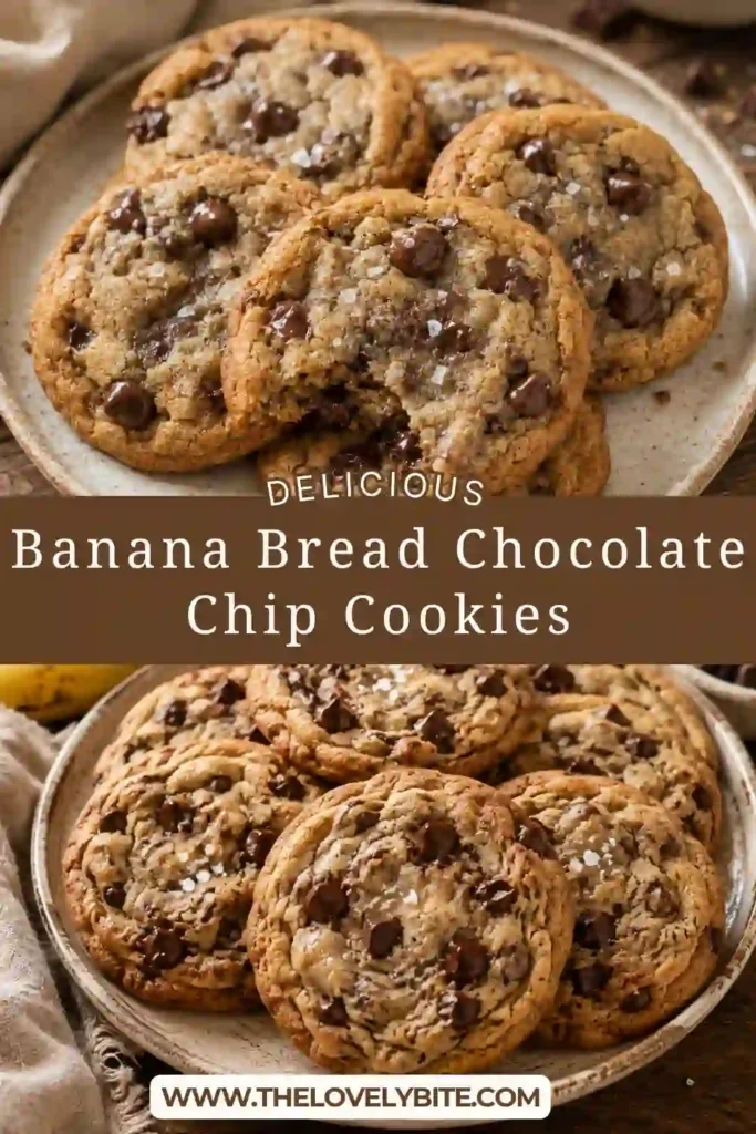 Banana Bread Chocolate Chip Cookies made with ripe banana, brown sugar, cinnamon, and semi-sweet chocolate chips. The cookies have soft golden centers with plenty of melted chocolate throughout.