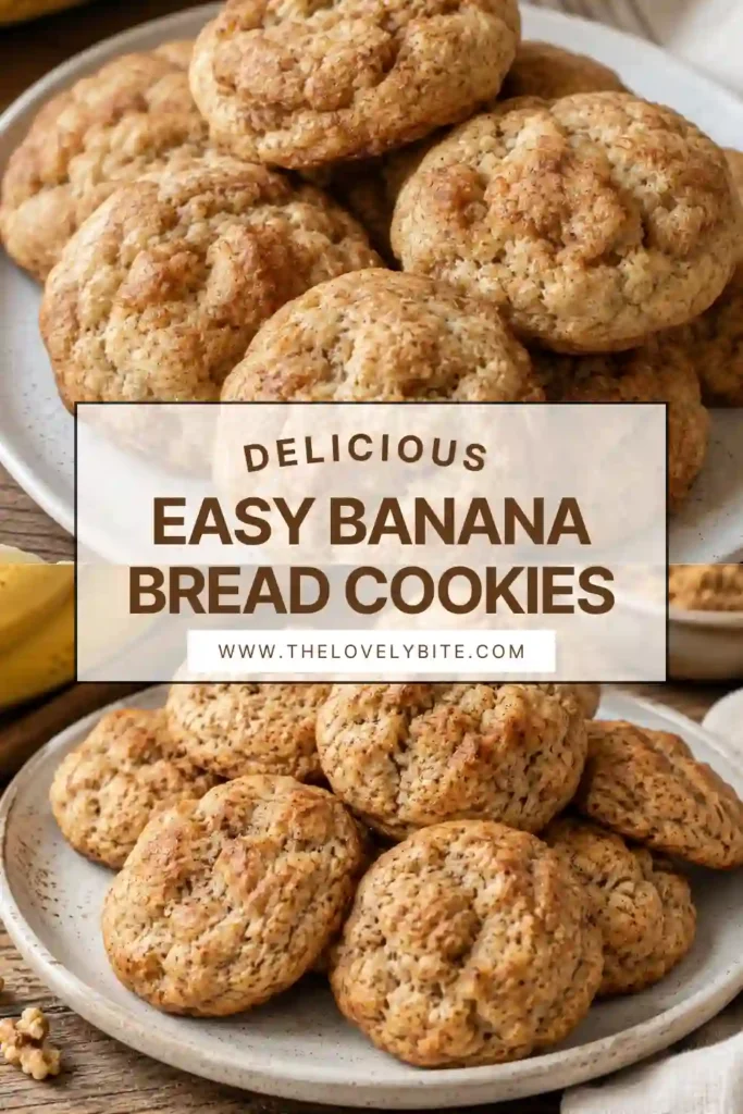 Soft banana cookies stacked on a rustic plate with golden edges and moist centers. Ripe bananas and warm cinnamon highlight the classic banana bread flavors.