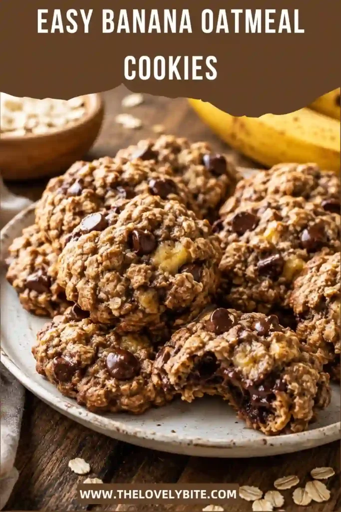 Soft oatmeal banana cookies made with mashed ripe bananas, oats, honey, cinnamon, and chocolate chips. The cookies are golden around the edges with a chewy breakfast-cookie texture.