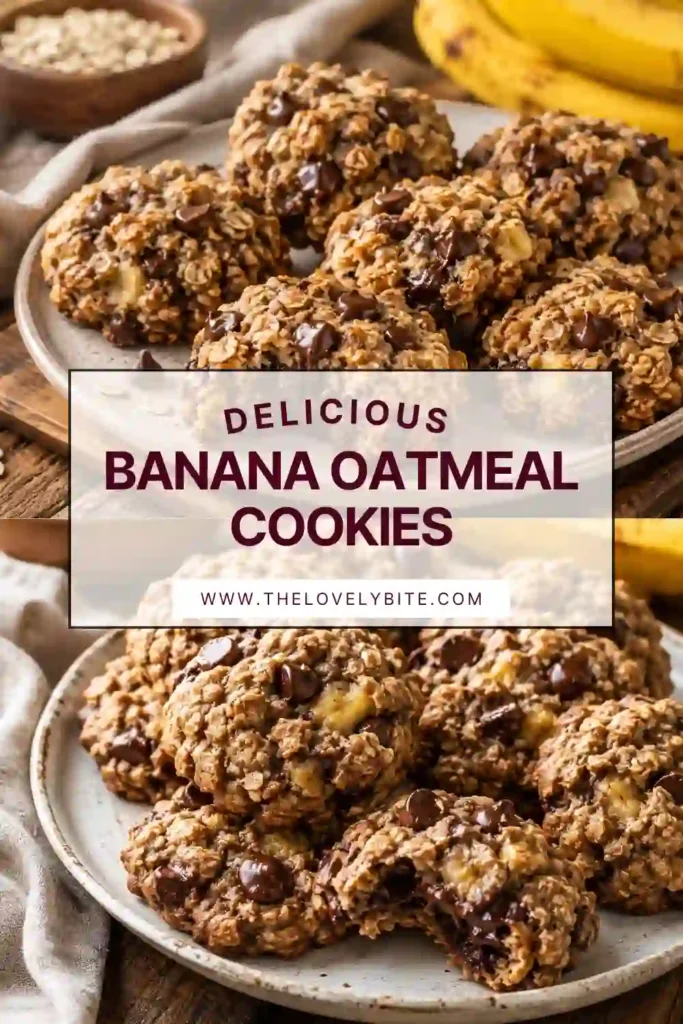 Healthy banana oatmeal cookies with visible oats and chocolate chips baked until softly set. These naturally sweetened cookies have a moist banana center and lightly browned bottoms.
