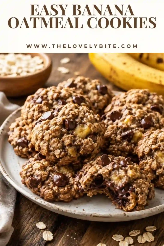 Banana Oatmeal Cookies made with ripe bananas, quick oats, cinnamon, honey, and chocolate chips. The soft cookies have a tender, chewy texture and lightly golden edges.