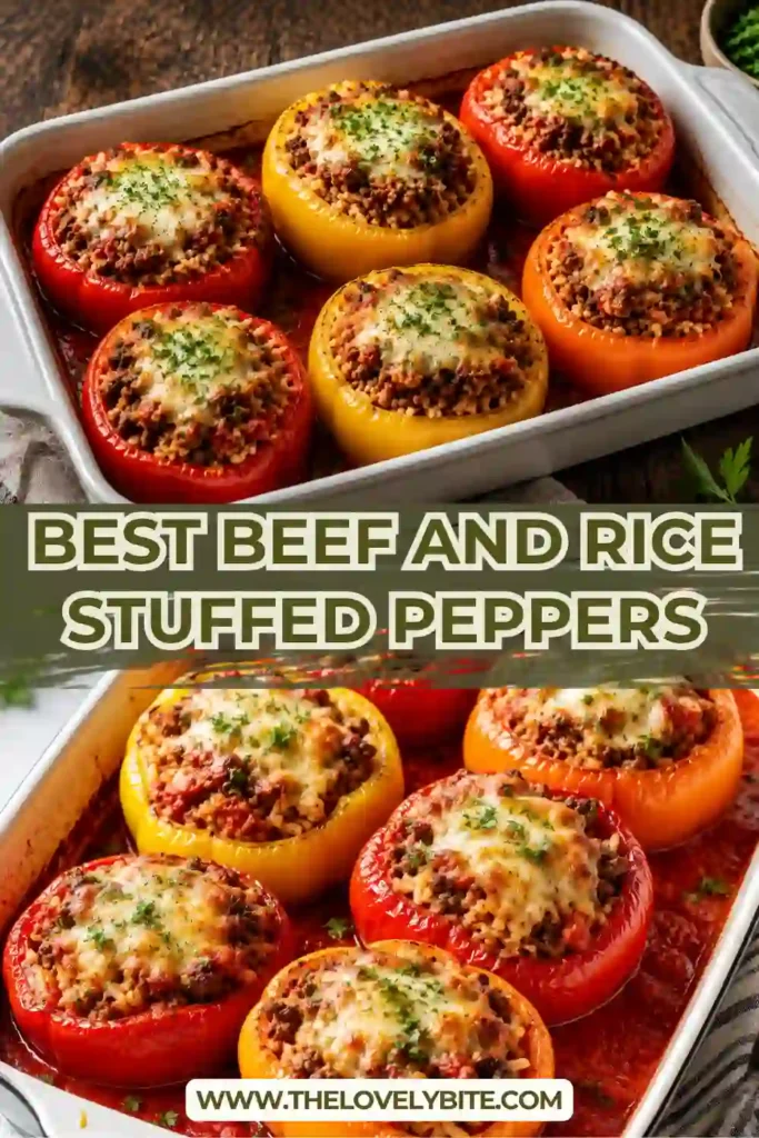 Six colorful beef and rice stuffed peppers filled with seasoned ground beef and rice are arranged upright in a tomato sauce baking dish. The tender baked bell peppers are topped with fresh parsley and surrounded by savory pan juices.
