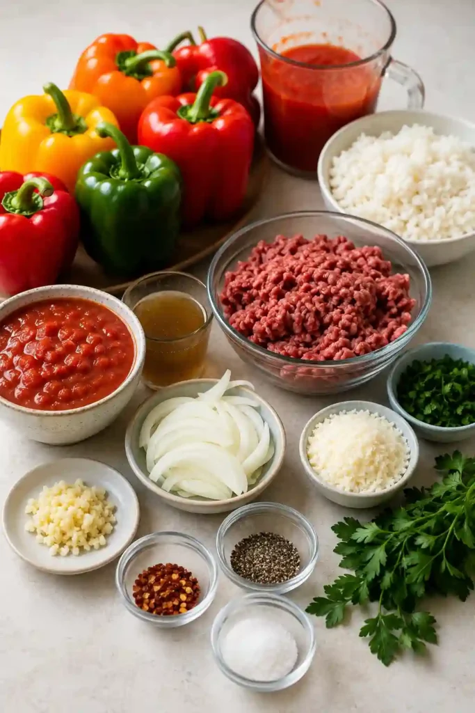 A serving of beef stuffed bell pepper reveals a flavorful filling of ground beef, rice, Parmesan, garlic, and herbs. The baked pepper is surrounded by tomato sauce and finished with fresh parsley.