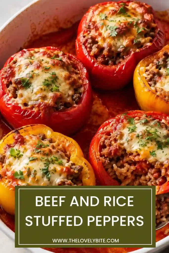 A close-up view of a baked stuffed bell pepper filled with juicy ground beef, rice, tomato sauce, and Parmesan cheese. Fresh parsley and flavorful pan juices highlight the finished beef and rice stuffed peppers.