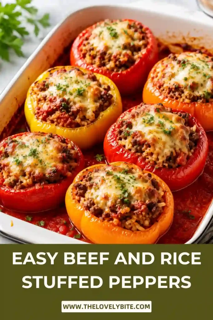 Homemade beef and rice stuffed peppers sit in a baking dish with tomato sauce and sliced onions. The colorful peppers are tender, filled with seasoned ground beef and rice, and finished with fresh parsley.