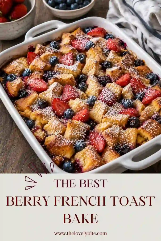 A freshly baked Berry French Toast Bake topped with sliced strawberries, blueberries, and powdered sugar. The golden breakfast casserole is served warm with maple syrup for an inviting brunch centerpiece.