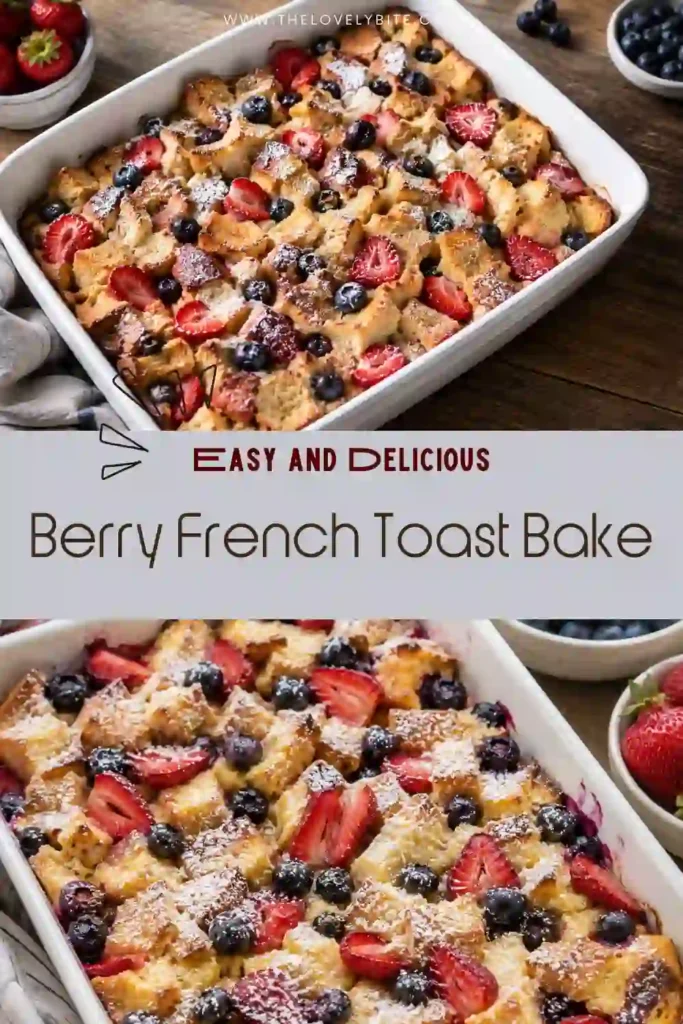 A warm overnight French toast bake filled with strawberries and blueberries inside a golden baked casserole. Powdered sugar adds the perfect finishing touch.