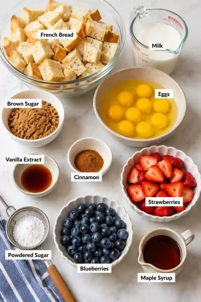 An easy brunch recipe featuring Berry French Toast Bake dusted with powdered sugar and garnished with fresh strawberries and blueberries. The casserole is baked until lightly crisp on top and tender inside.