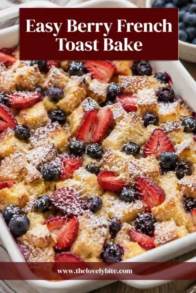 A sliced Berry French Toast Bake served on a plate with maple syrup and fresh blueberries. The casserole has a golden top with a soft, custardy center.