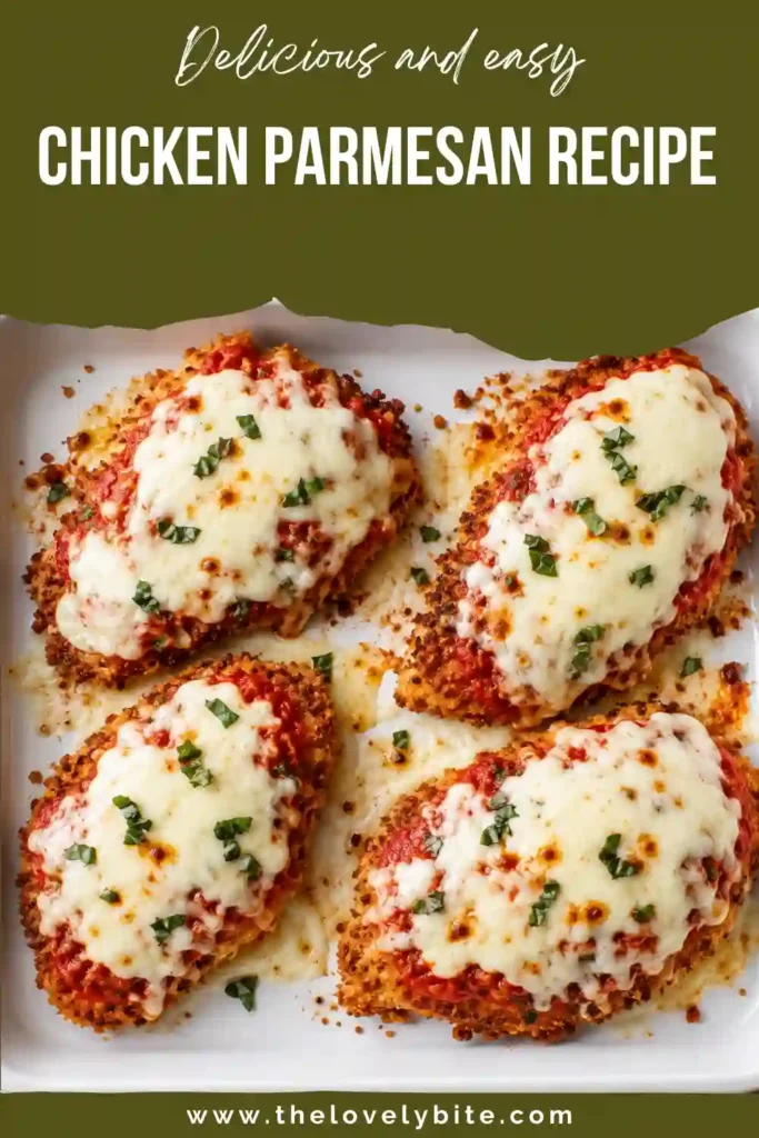 Italian-inspired Chicken Parmesan featuring crispy breaded chicken covered with tomato sauce and melted mozzarella, provolone, and Parmesan. Fresh basil completes this hearty chicken dinner.