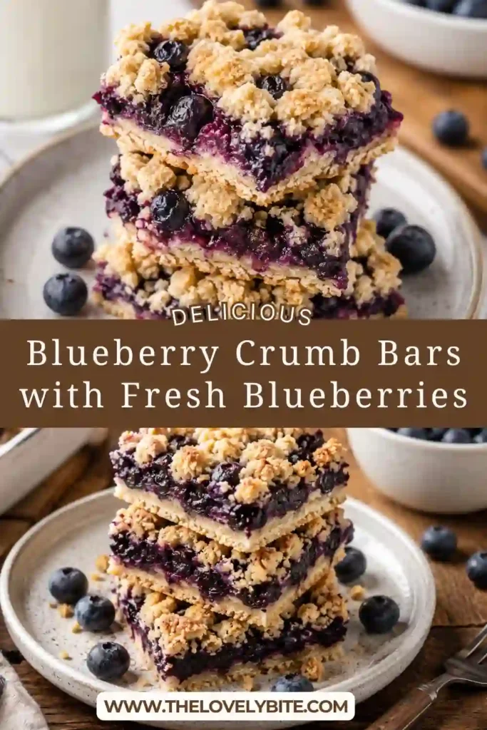 Fresh blueberry crumble bars with a golden crumb crust and thick blueberry filling. Buttery crumbs cover the top while juicy baked berries create a deep purple center.