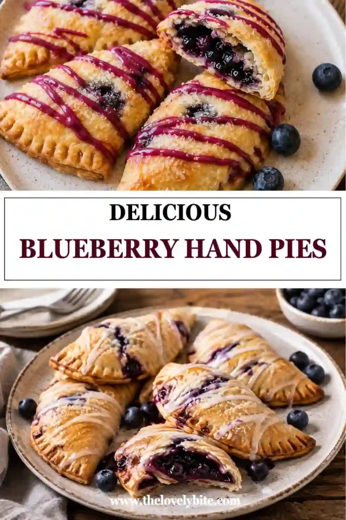 Golden-brown blueberry hand pies filled with creamy cheese and fresh blueberries, arranged on a serving plate. Each flaky pastry is finished with a drizzle of blueberry glaze and crunchy turbinado sugar.