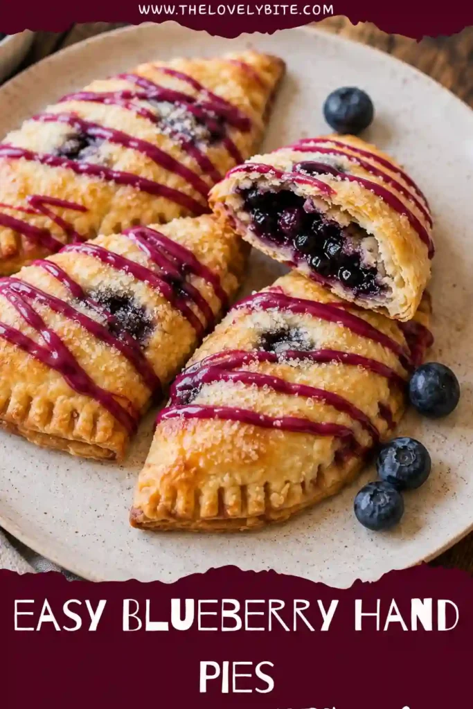 Fresh blueberry hand pies with flaky golden pastry and creamy blueberry-vanilla filling. The individual fruit pastries are topped with sweet blueberry glaze for a bakery-style finish.