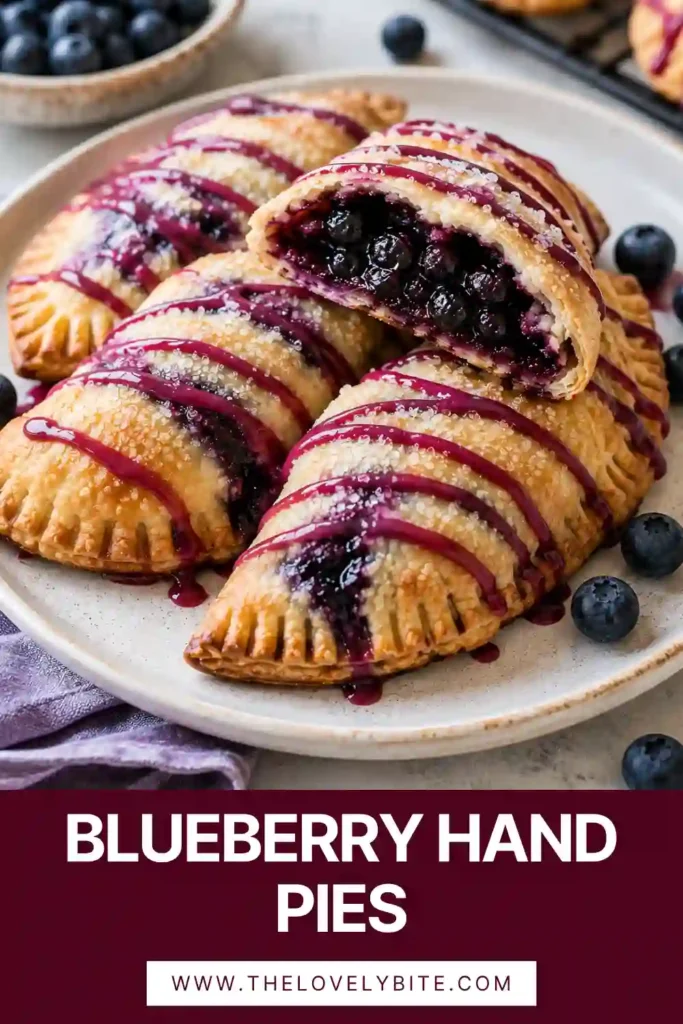 Homemade blueberry hand pies cooling after baking, with golden flaky crusts, fresh blueberry filling, and a sweet glaze. The individual pastries have neatly crimped edges and crisp tops.