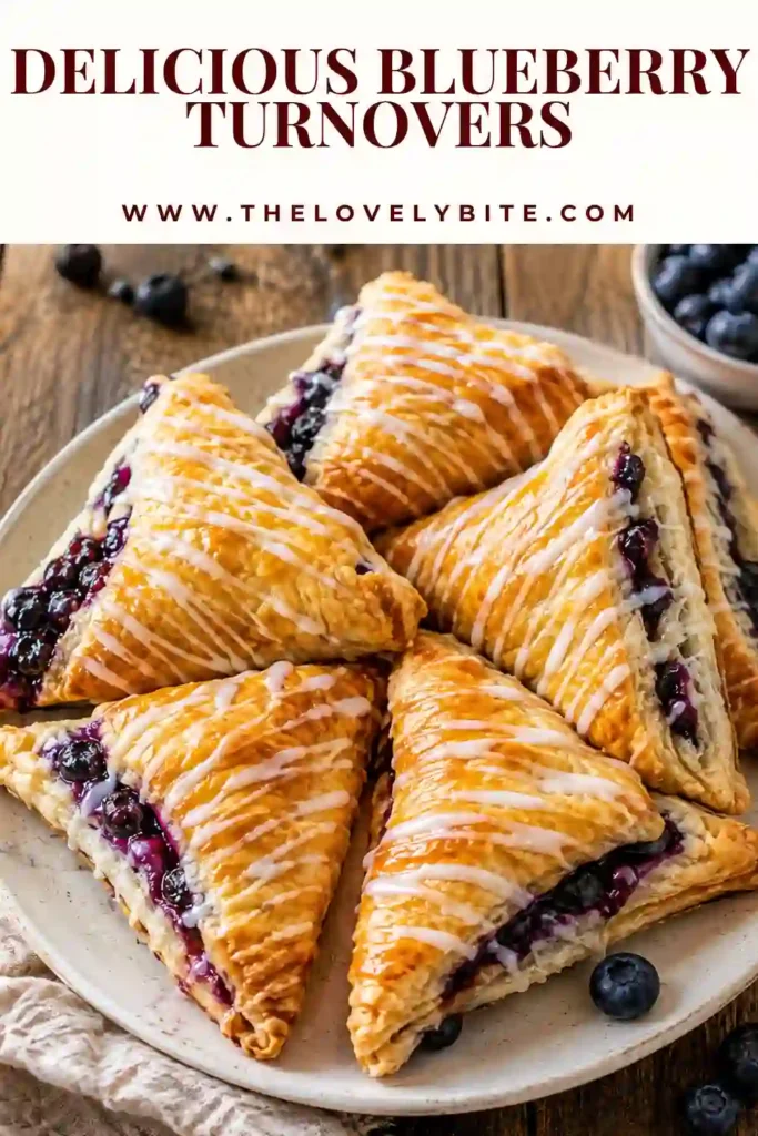 Homemade blueberry puff pastry turnovers arranged on a cooling rack. Their flaky layers surround a vibrant blueberry filling and sweet glaze.