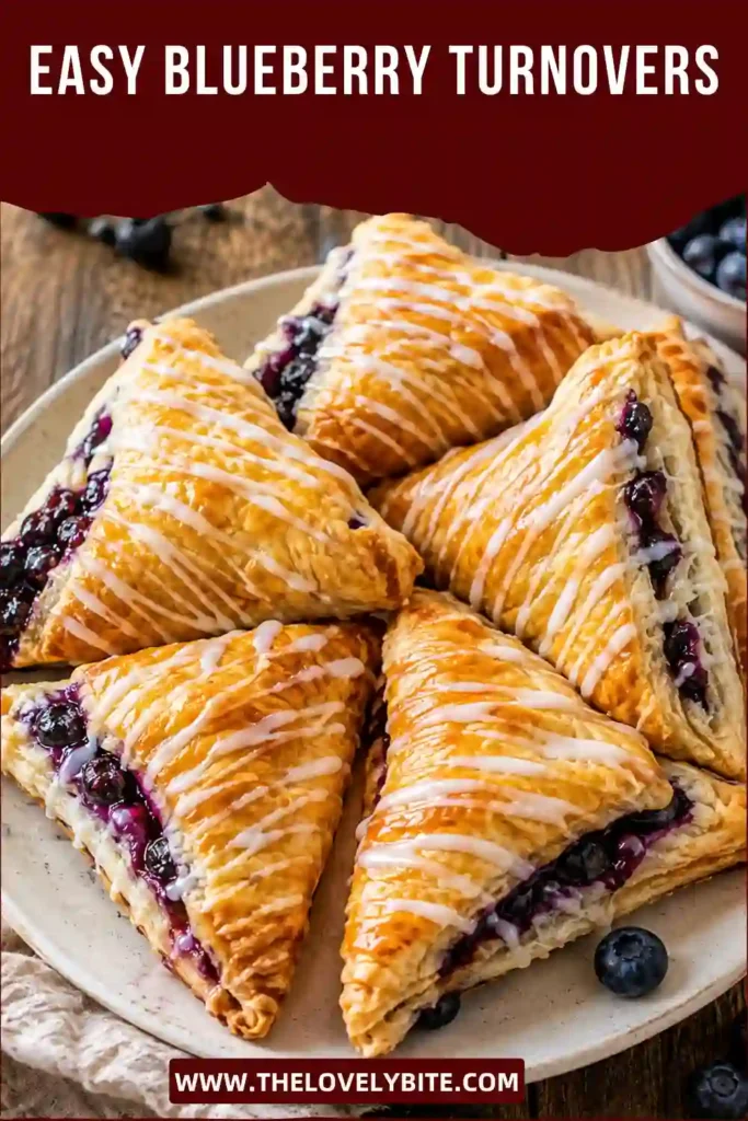 Golden blueberry turnovers made with flaky puff pastry and a homemade blueberry filling. The pastries are finished with a sweet powdered-sugar glaze.
