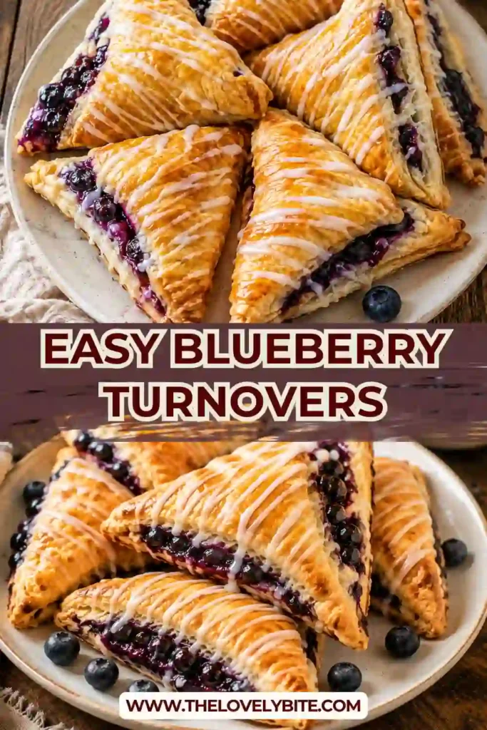 Easy blueberry turnovers baked until golden brown and finished with powdered-sugar icing. The flaky pastries showcase a rich berry filling inside.
