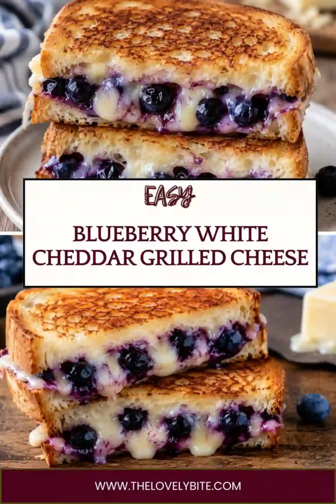 White cheddar grilled cheese with blueberry jam served warm on toasted sourdough bread. The sandwich features golden-brown edges, stretchy mozzarella, and a colorful berry filling.