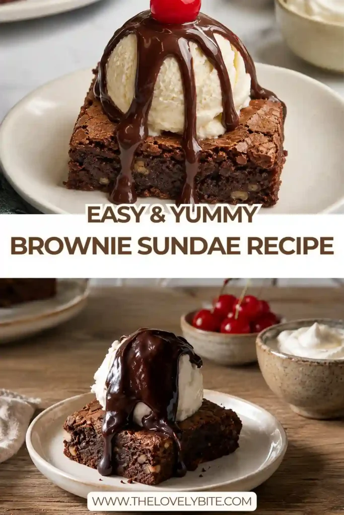 A rich homemade Brownie Sundae Recipe served with vanilla ice cream and warm hot fudge sauce. The fudgy chocolate brownie is topped with whipped cream and a maraschino cherry for a classic dessert presentation.